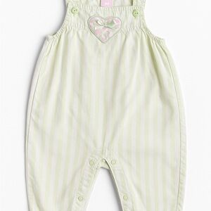 Vtg Baby Girl Romper Green White Striped Floral Heart Appliqué Snap Bottom 6M